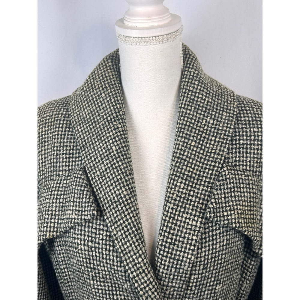 Vintage Great Britain Green White Tweed Wool Maxi Coat Long Trench Jacket Womens - Picture 2 of 16